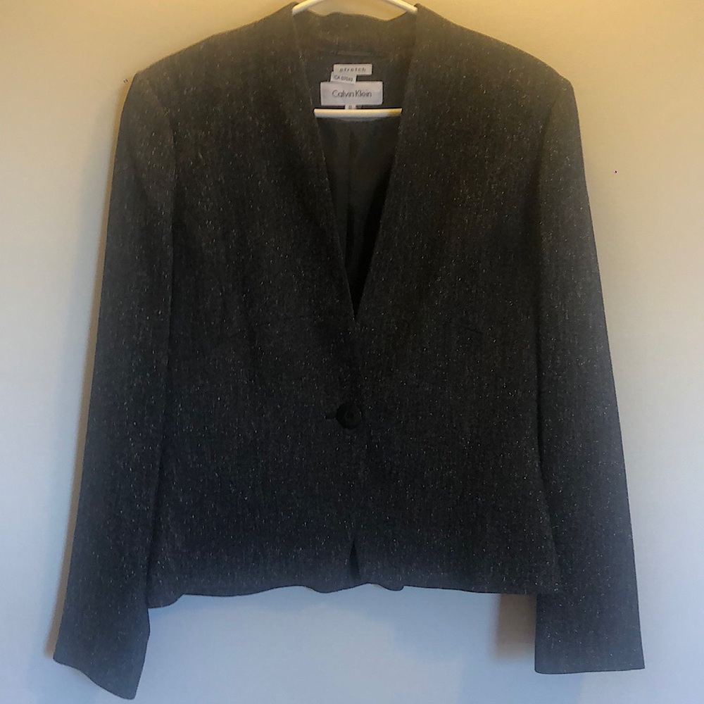 Single breasted grey flecked blazer and skirt